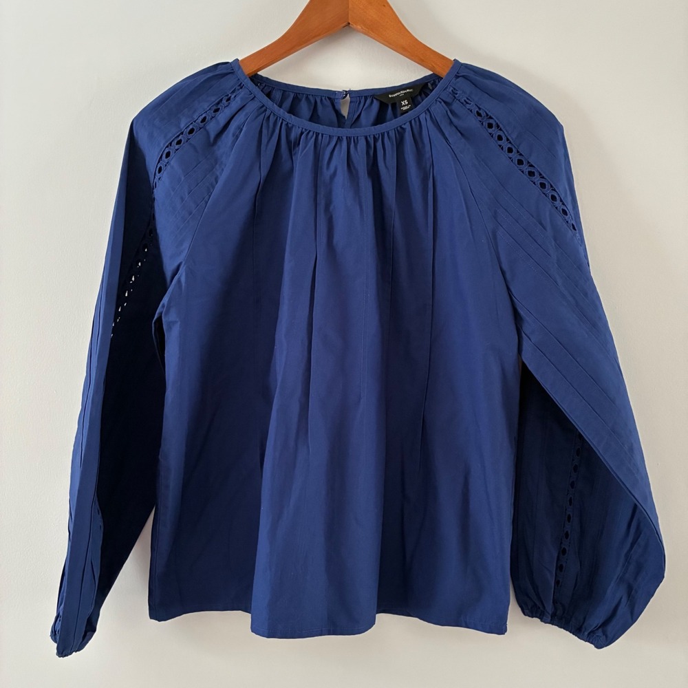 Banana Republic Blue Cotton Pintuck Ladder Stitch Balloon Sleeve Blouse XS